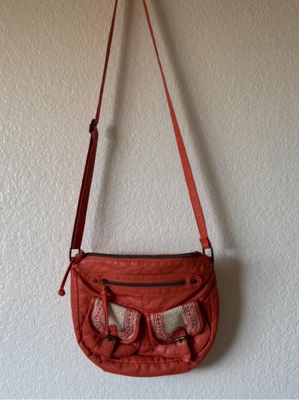 T-Shirt&Jeans Coral Pink Faux Leather Boho Crossbody Bag Crochet Buckle pockets